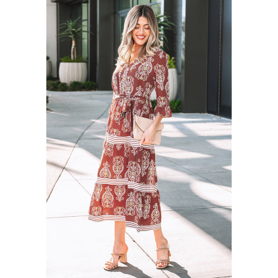 Brown Floral Print Belted Striped Trim Tiered Maxi Dress Dresses/Maxi Dresses