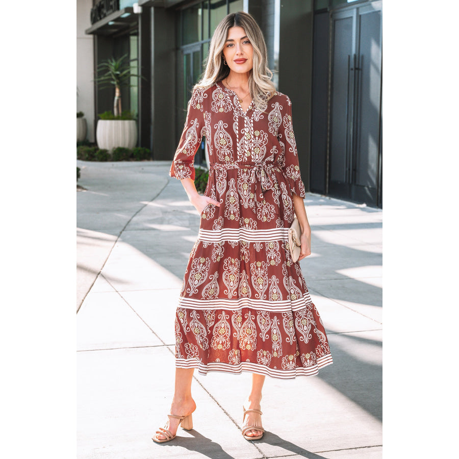 Brown Floral Print Belted Striped Trim Tiered Maxi Dress Dresses/Maxi Dresses
