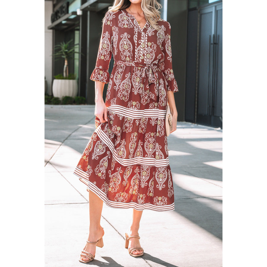 Brown Floral Print Belted Striped Trim Tiered Maxi Dress Dresses/Maxi Dresses