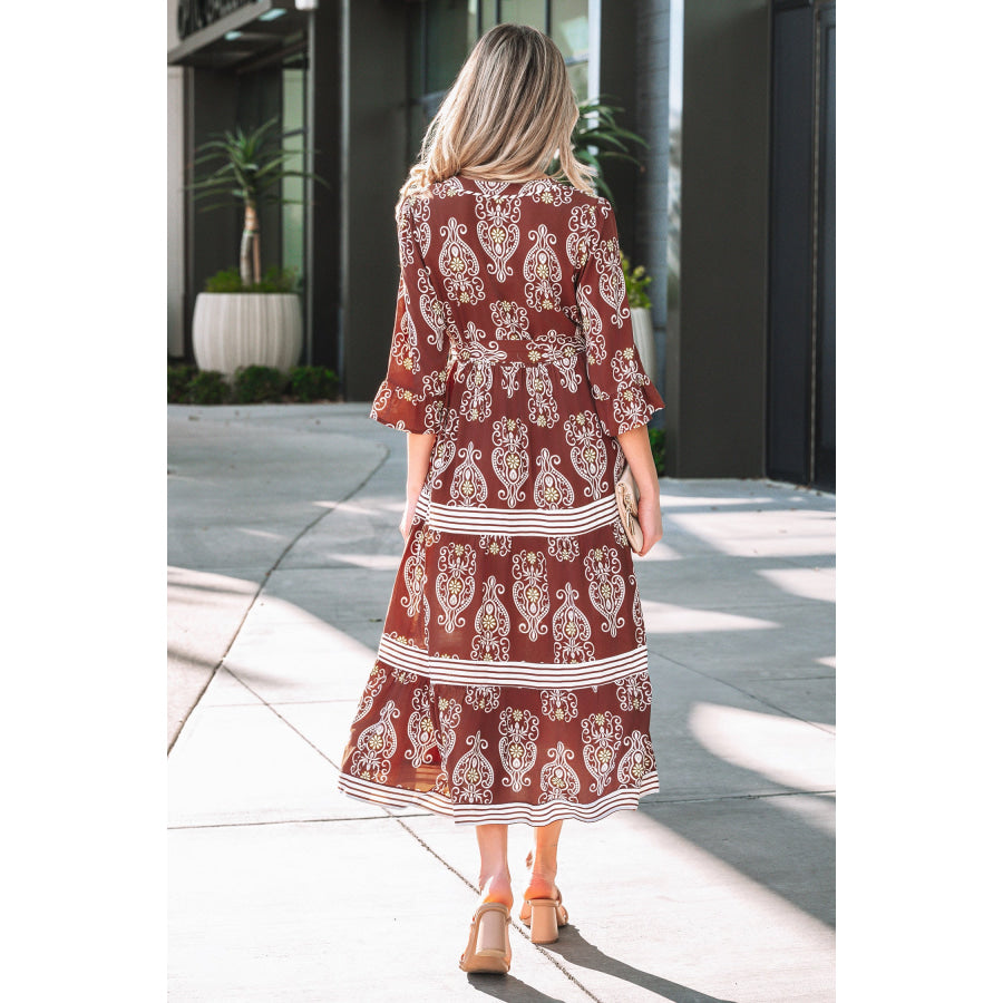 Brown Floral Print Belted Striped Trim Tiered Maxi Dress Brown / S / 100% Viscose Dresses/Maxi Dresses