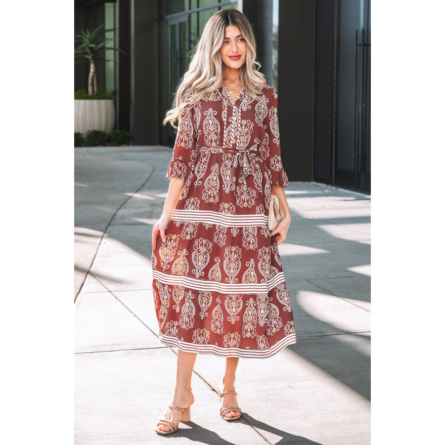 Brown Floral Print Belted Striped Trim Tiered Maxi Dress Dresses/Maxi Dresses