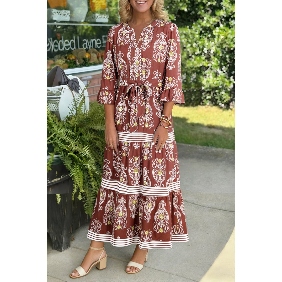 Brown Floral Print Belted Striped Trim Tiered Maxi Dress Dresses/Maxi Dresses