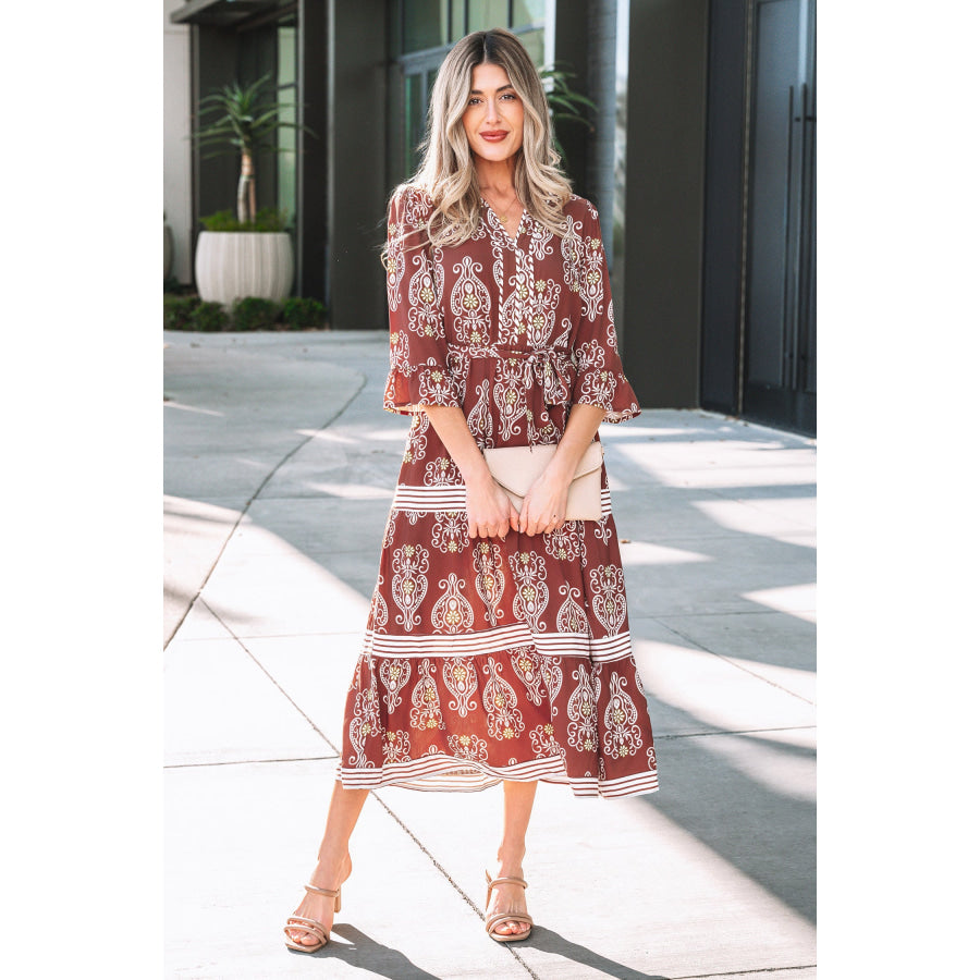 Brown Floral Print Belted Striped Trim Tiered Maxi Dress Brown / S / 100% Viscose Dresses/Maxi Dresses