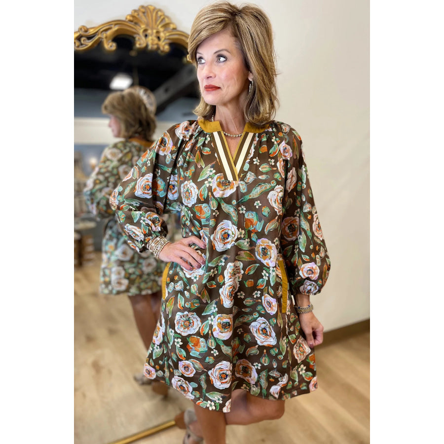 Brown Floral Print Contrast Trim V Neck Pocketed Long Sleeve Mini Dress Dresses/Floral Dresses