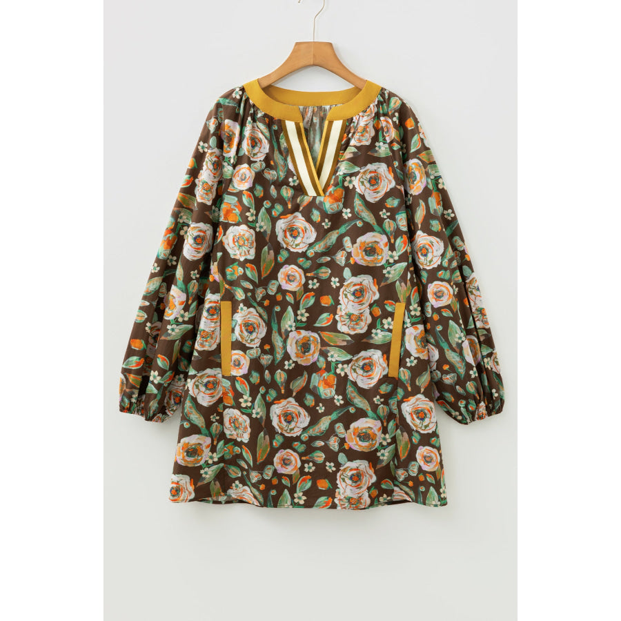 Brown Floral Print Contrast Trim V Neck Pocketed Long Sleeve Mini Dress Dresses/Floral Dresses