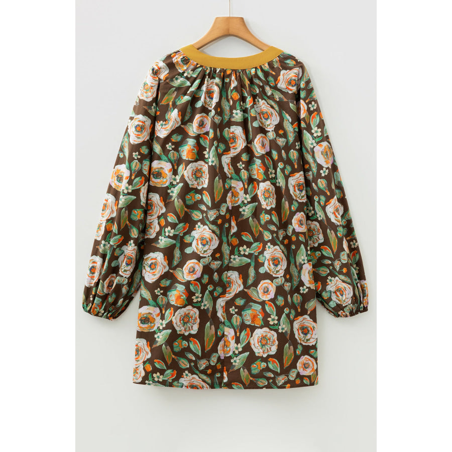 Brown Floral Print Contrast Trim V Neck Pocketed Long Sleeve Mini Dress Dresses/Floral Dresses