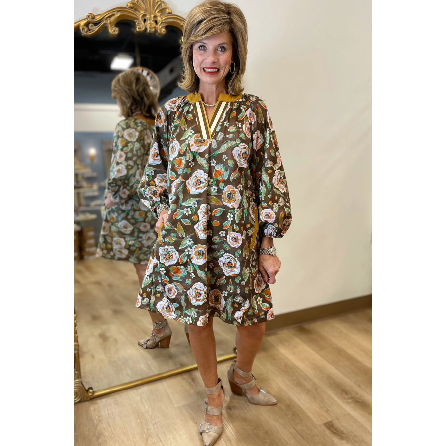 Brown Floral Print Contrast Trim V Neck Pocketed Long Sleeve Mini Dress Dresses/Floral Dresses