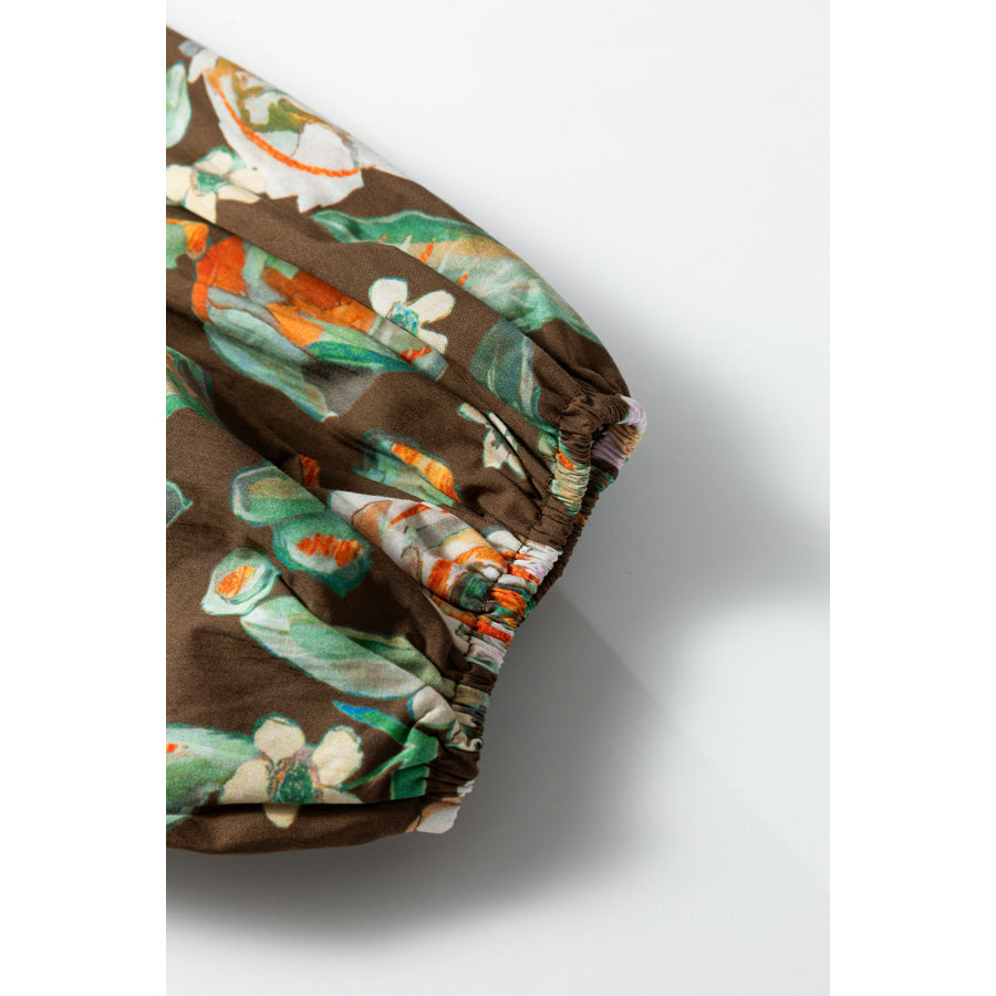 Brown Floral Print Contrast Trim V Neck Pocketed Long Sleeve Mini Dress Dresses/Floral Dresses