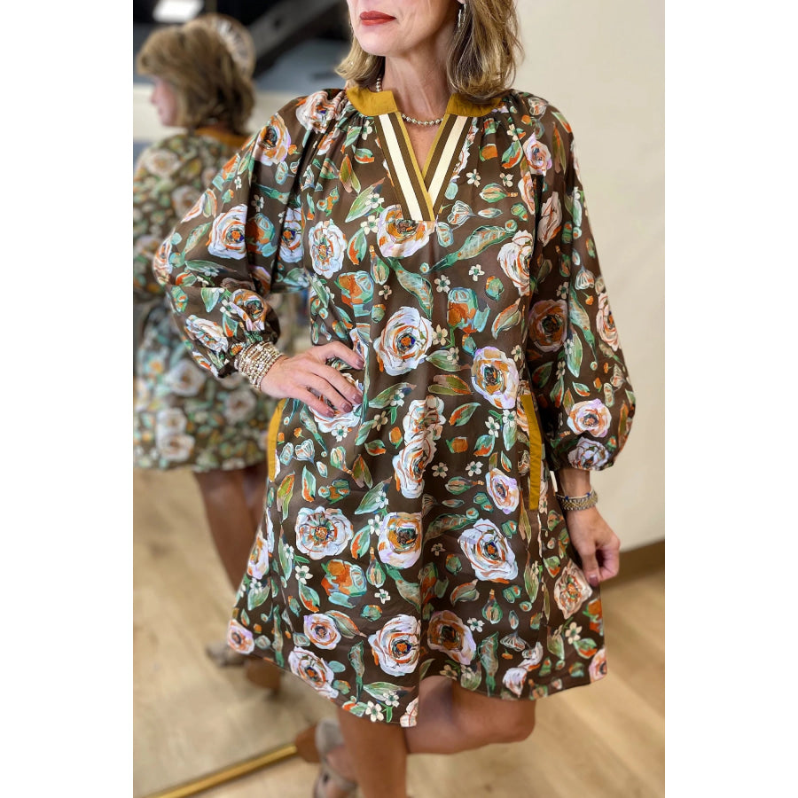 Brown Floral Print Contrast Trim V Neck Pocketed Long Sleeve Mini Dress Brown / S / 100% Cotton Dresses/Floral Dresses