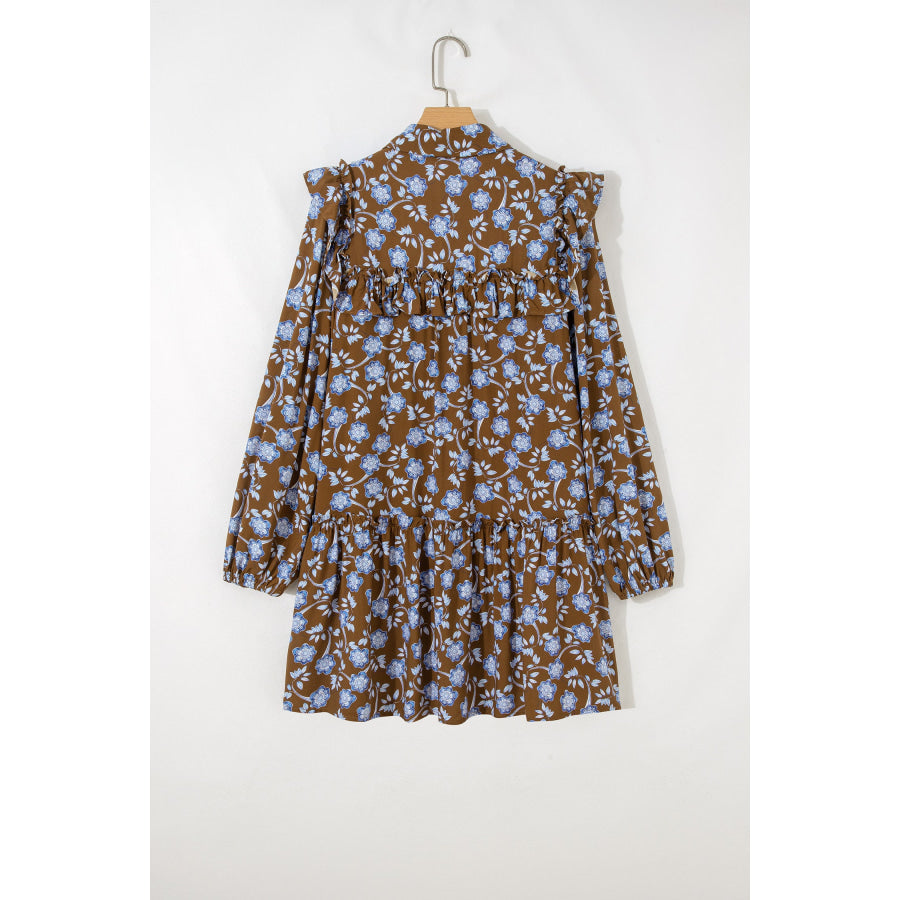 Brown Floral Print Ruffled Detail Shirt Collar Button Down Long Sleeve Dress Dresses/Floral Dresses