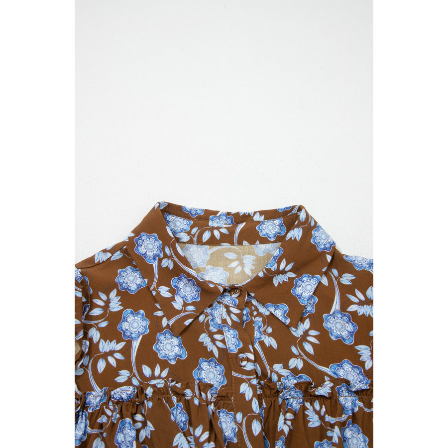 Brown Floral Print Ruffled Detail Shirt Collar Button Down Long Sleeve Dress Dresses/Floral Dresses