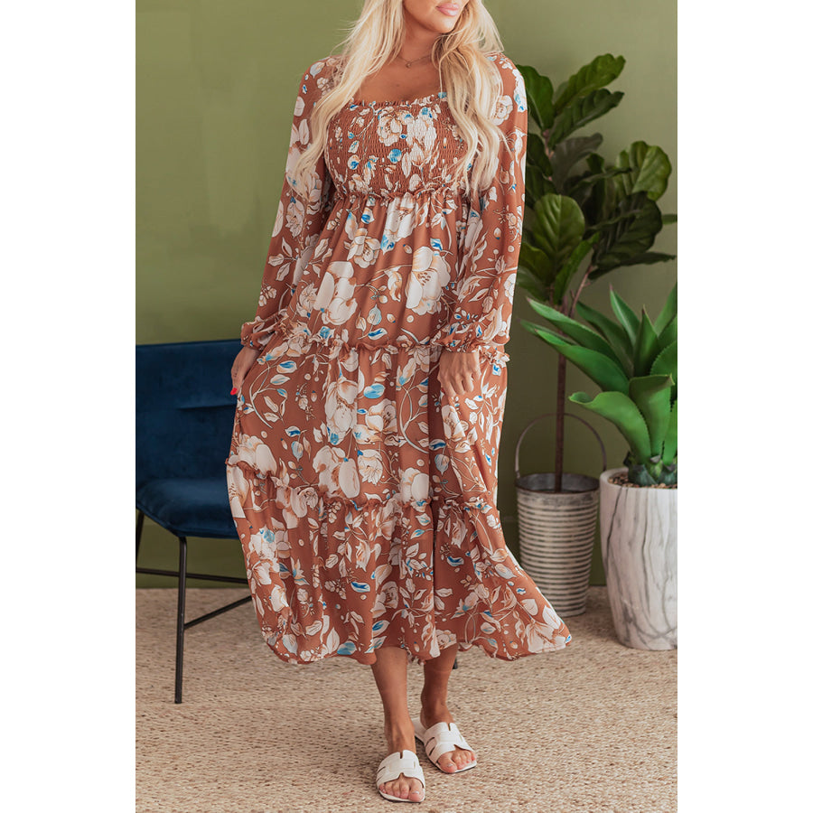 Brown Floral Print Shirred Square Neck High Waist Maxi Dress Dresses/Maxi Dresses