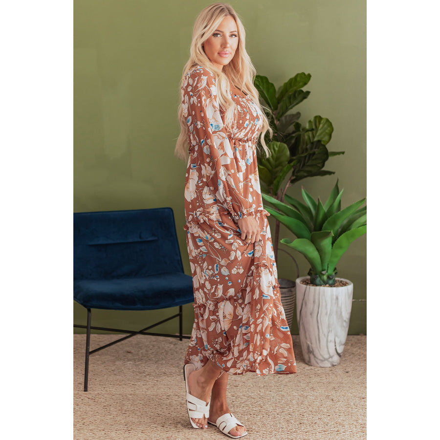 Brown Floral Print Shirred Square Neck High Waist Maxi Dress Dresses/Maxi Dresses