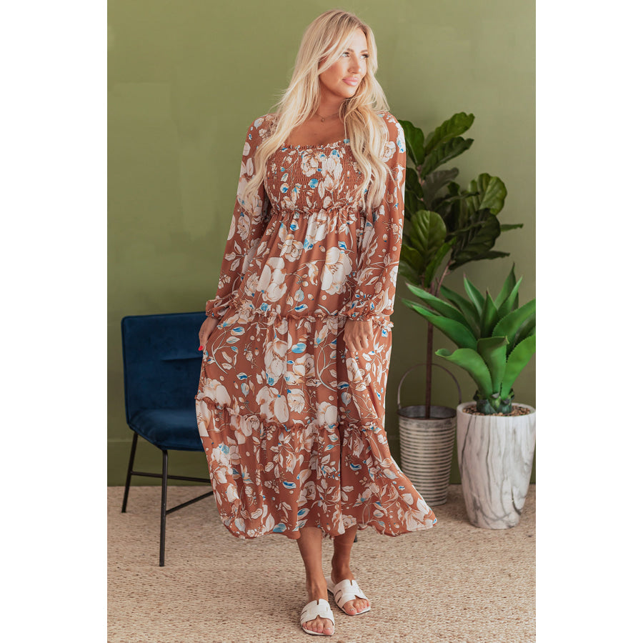 Brown Floral Print Shirred Square Neck High Waist Maxi Dress Brown / S / 100% Polyester Dresses/Maxi Dresses