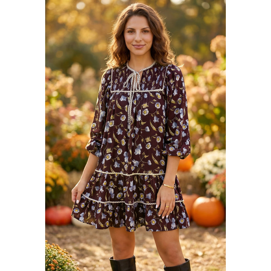 Brown Floral Print Shirred V Neck Shift Dress Dresses/Mini Dresses