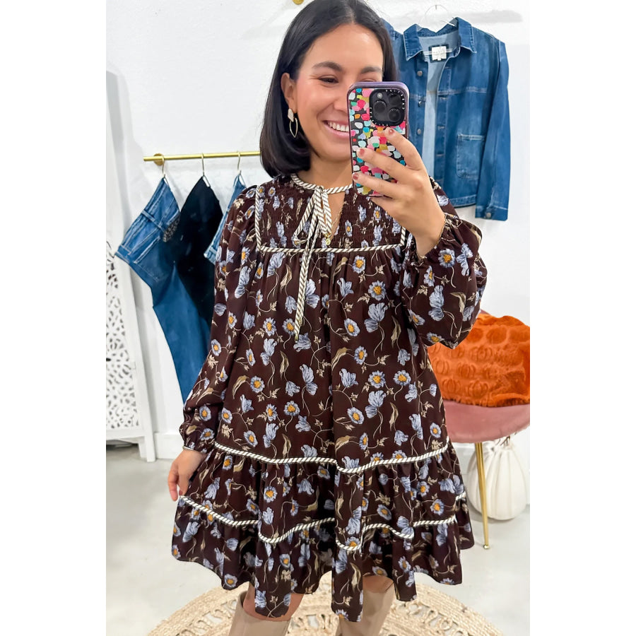 Brown Floral Print Shirred V Neck Shift Dress Dresses/Mini Dresses
