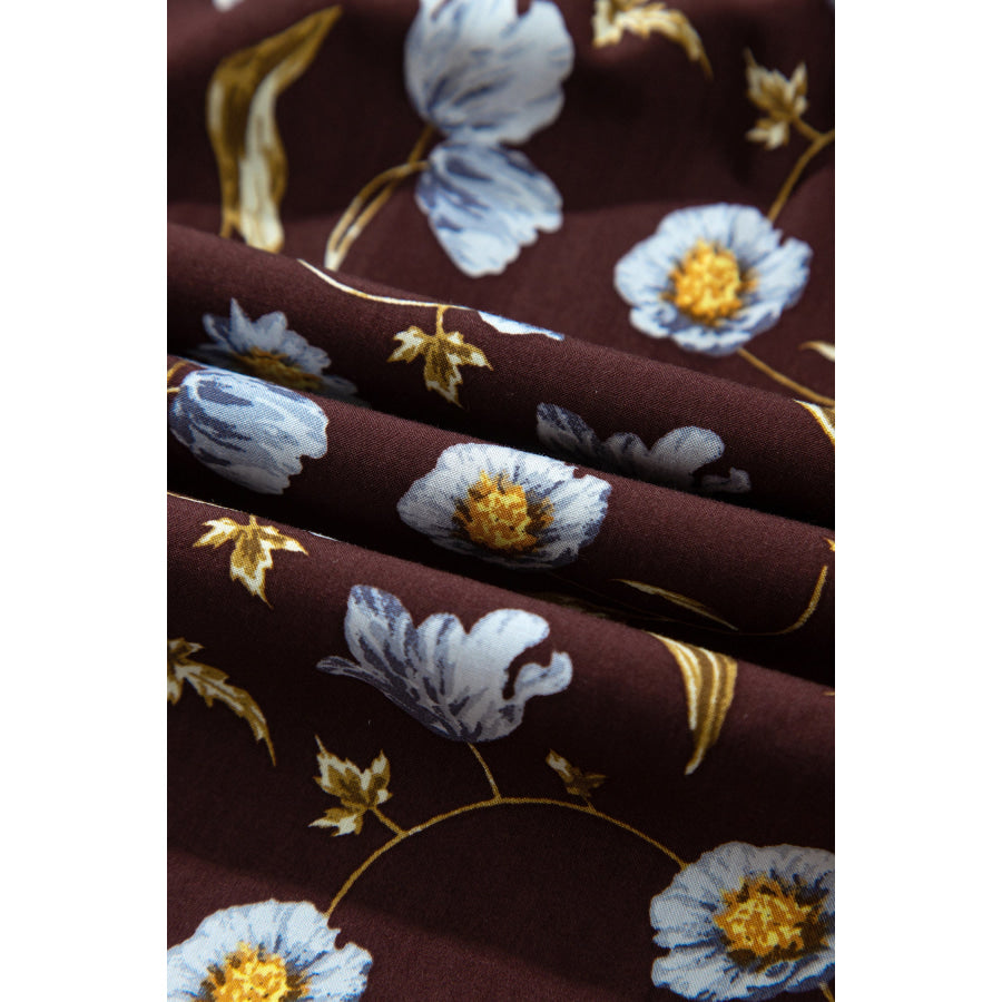 Brown Floral Print Shirred V Neck Shift Dress Dresses/Mini Dresses