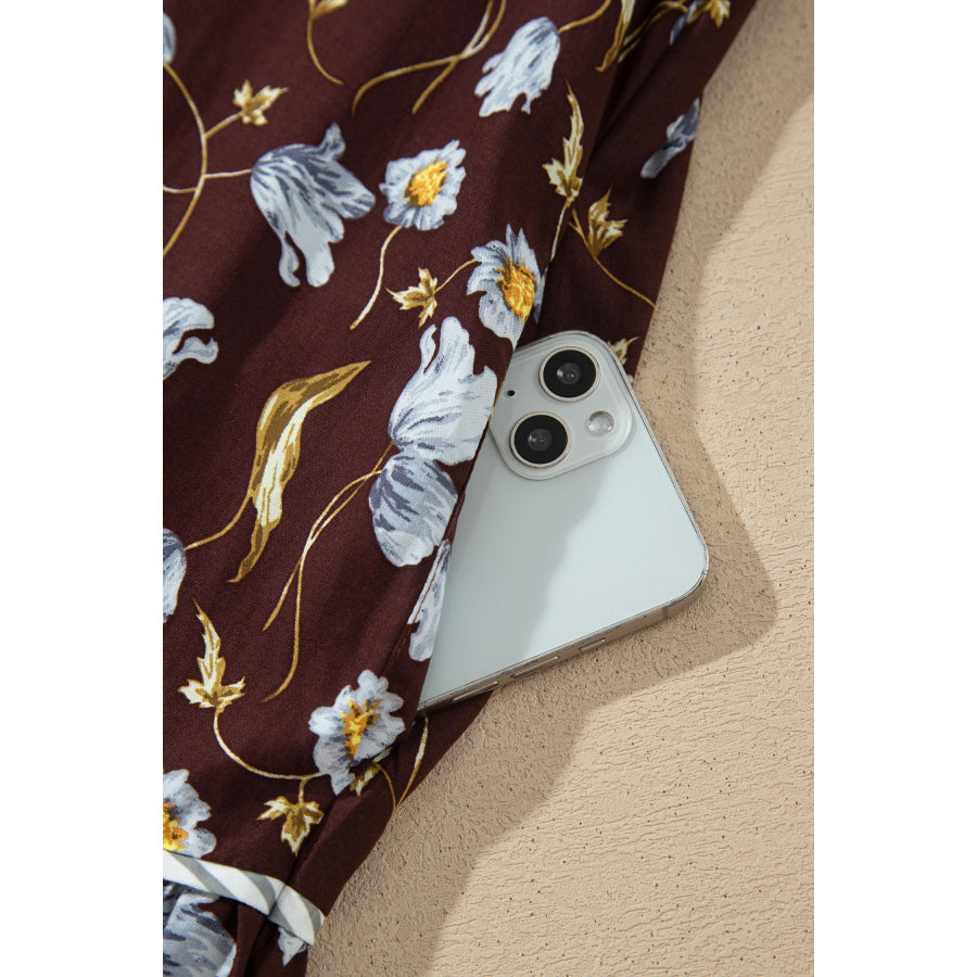 Brown Floral Print Shirred V Neck Shift Dress Dresses/Mini Dresses