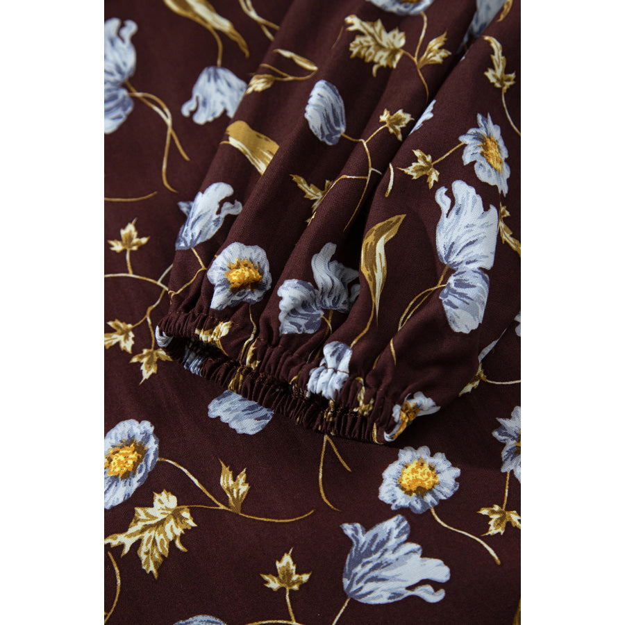 Brown Floral Print Shirred V Neck Shift Dress Dresses/Mini Dresses