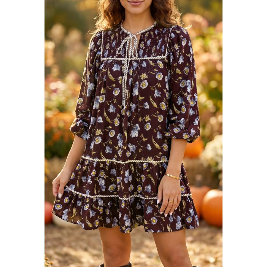 Brown Floral Print Shirred V Neck Shift Dress Brown / S Dresses/Mini Dresses