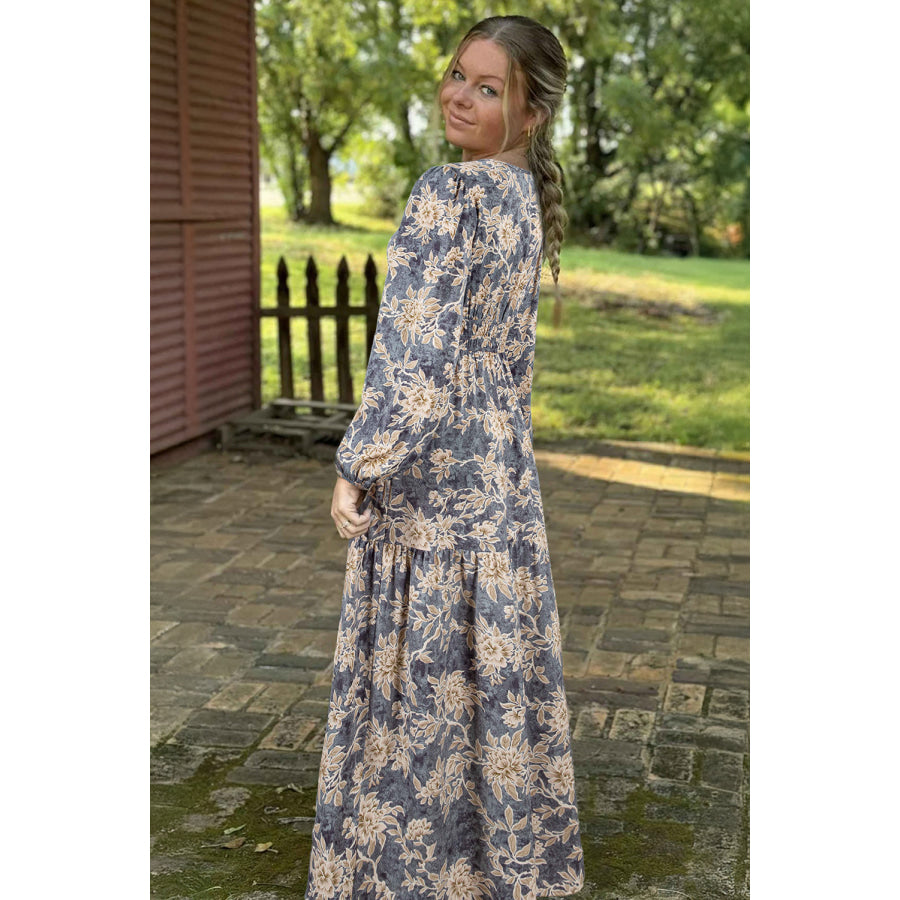 Brown Floral Print Smocked High Waist Long Sleeve Maxi Dress Dresses/Maxi Dresses