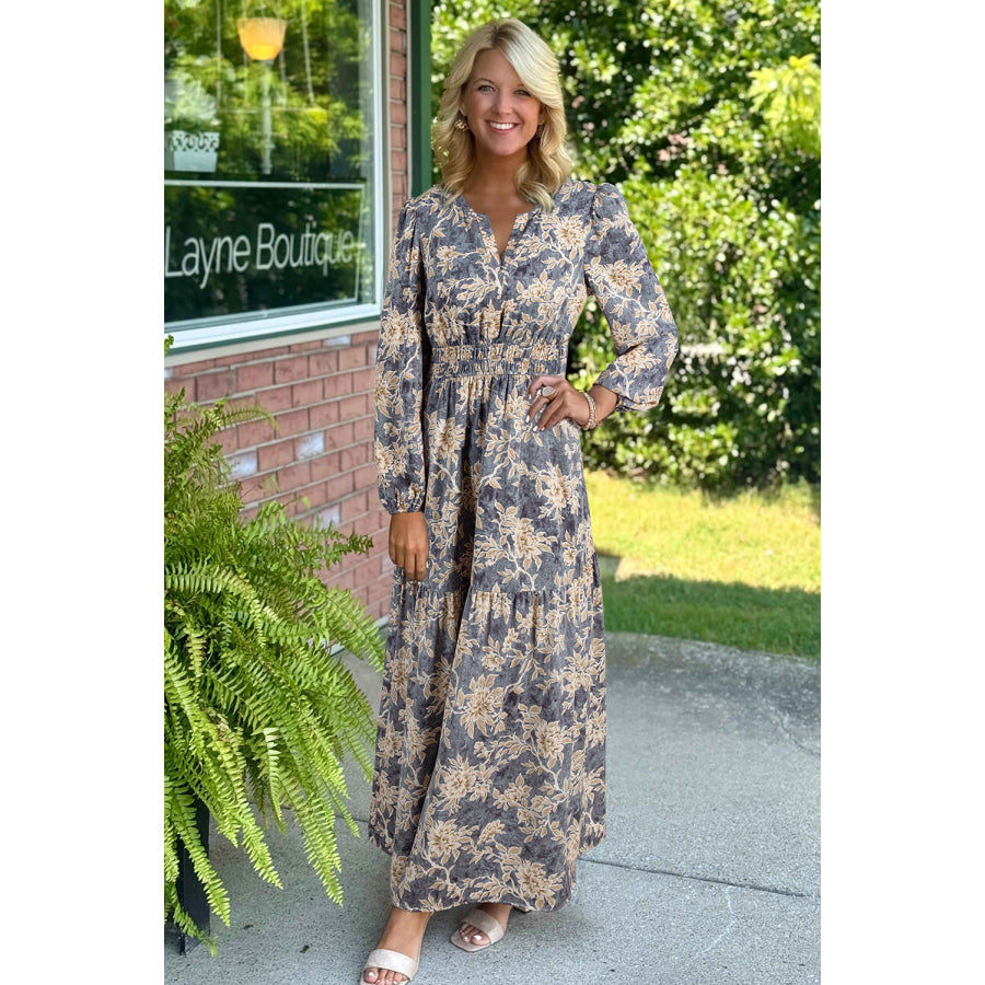 Brown Floral Print Smocked High Waist Long Sleeve Maxi Dress Dresses/Maxi Dresses