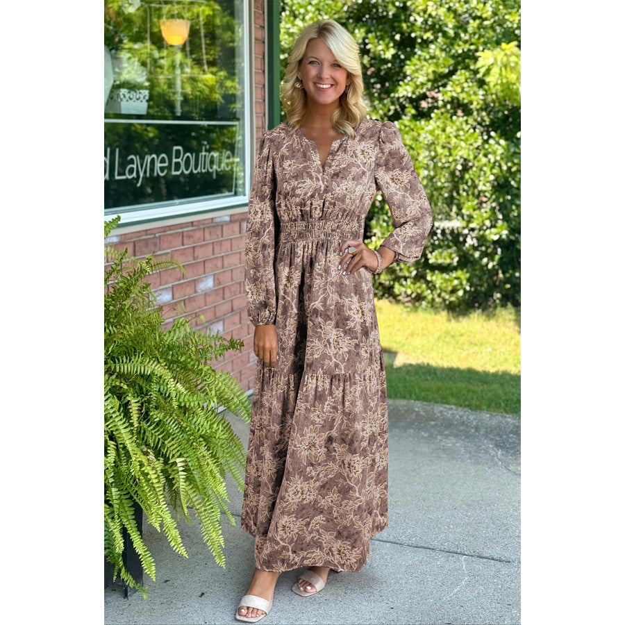 Brown Floral Print Smocked High Waist Long Sleeve Maxi Dress Brown / S / 100% Polyester Dresses/Maxi Dresses