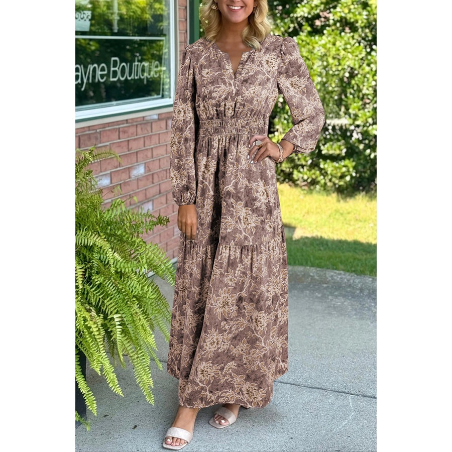Brown Floral Print Smocked High Waist Long Sleeve Maxi Dress Brown / S / 100% Polyester Dresses/Maxi Dresses