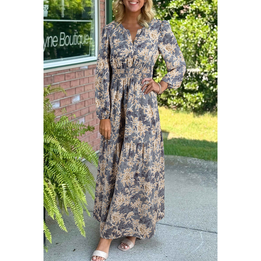 Brown Floral Print Smocked High Waist Long Sleeve Maxi Dress Sky Blue / S / 100% Polyester Dresses/Maxi Dresses