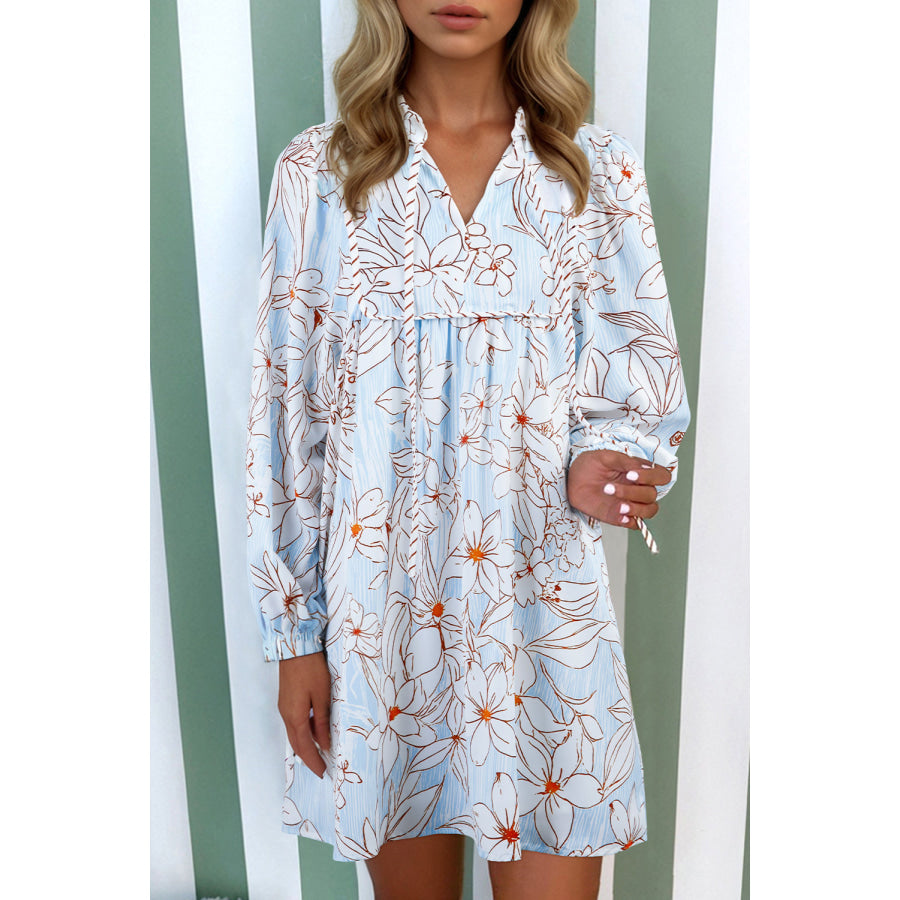 Brown Floral Print Tie Neck 3/4 Sleeve Mini Dress Brown / S / 100% Polyester Dresses/Floral Dresses