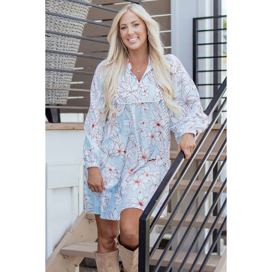 Brown Floral Print Tie Neck 3/4 Sleeve Mini Dress Brown / S / 100% Polyester Dresses/Floral Dresses