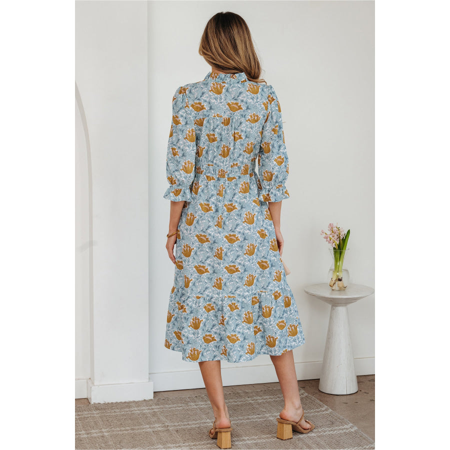 Brown Floral Printed Frilled V Neck Bracelet Sleeve Long Dress Dresses/Floral Dresses