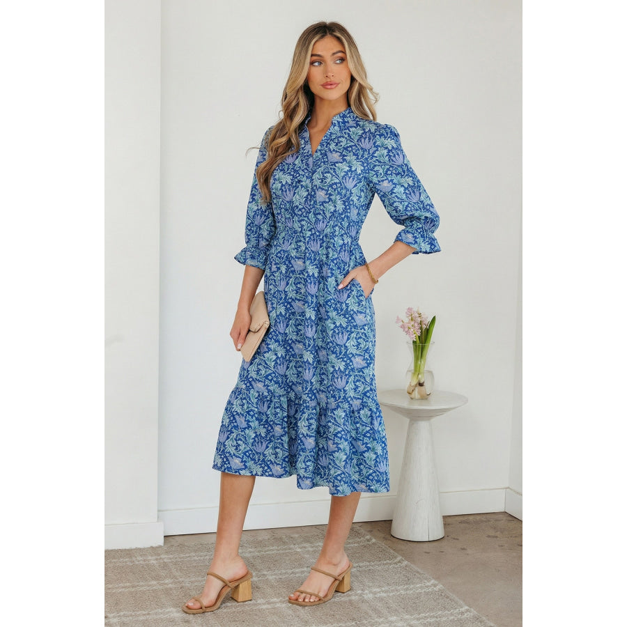 Brown Floral Printed Frilled V Neck Bracelet Sleeve Long Dress Dresses/Floral Dresses