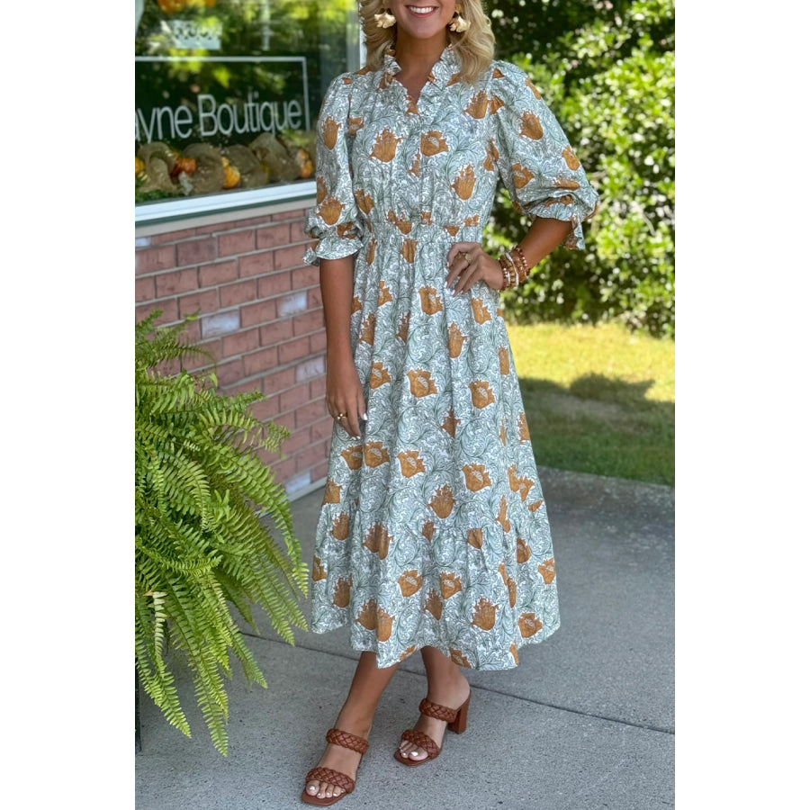 Brown Floral Printed Frilled V Neck Bracelet Sleeve Long Dress Brown / S / 55% Cotton + 45% Viscose Dresses/Floral Dresses