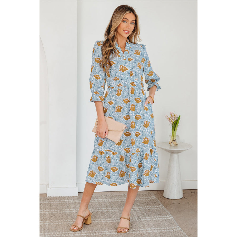 Brown Floral Printed Frilled V Neck Bracelet Sleeve Long Dress Brown / S / 55% Cotton + 45% Viscose Dresses/Floral Dresses