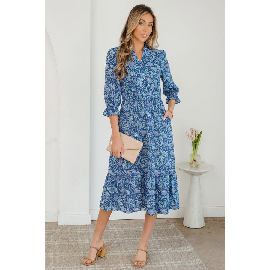 Brown Floral Printed Frilled V Neck Bracelet Sleeve Long Dress Sky Blue / S / 55% Cotton + 45% Viscose Dresses/Floral Dresses