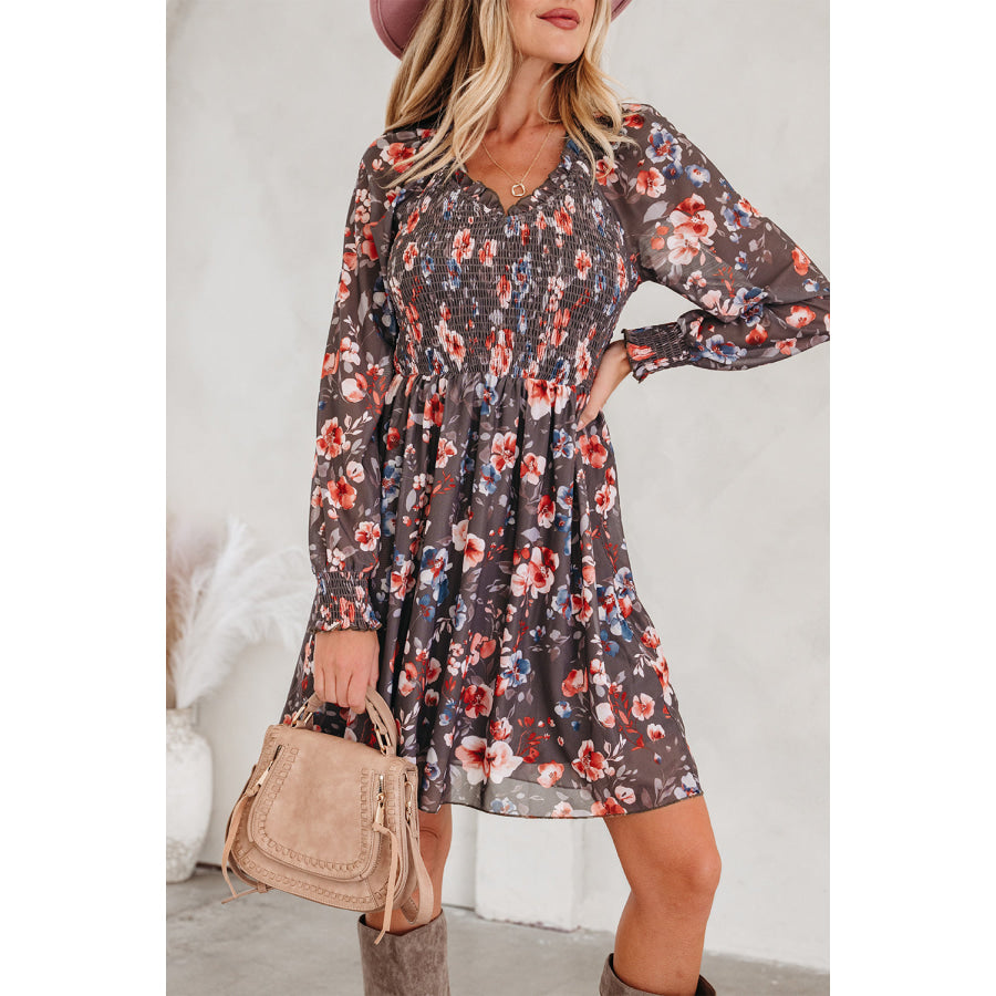 Brown Frilly Smocked Bodice Floral Mesh Long Sleeve Mini Dress Dresses/Floral Dresses