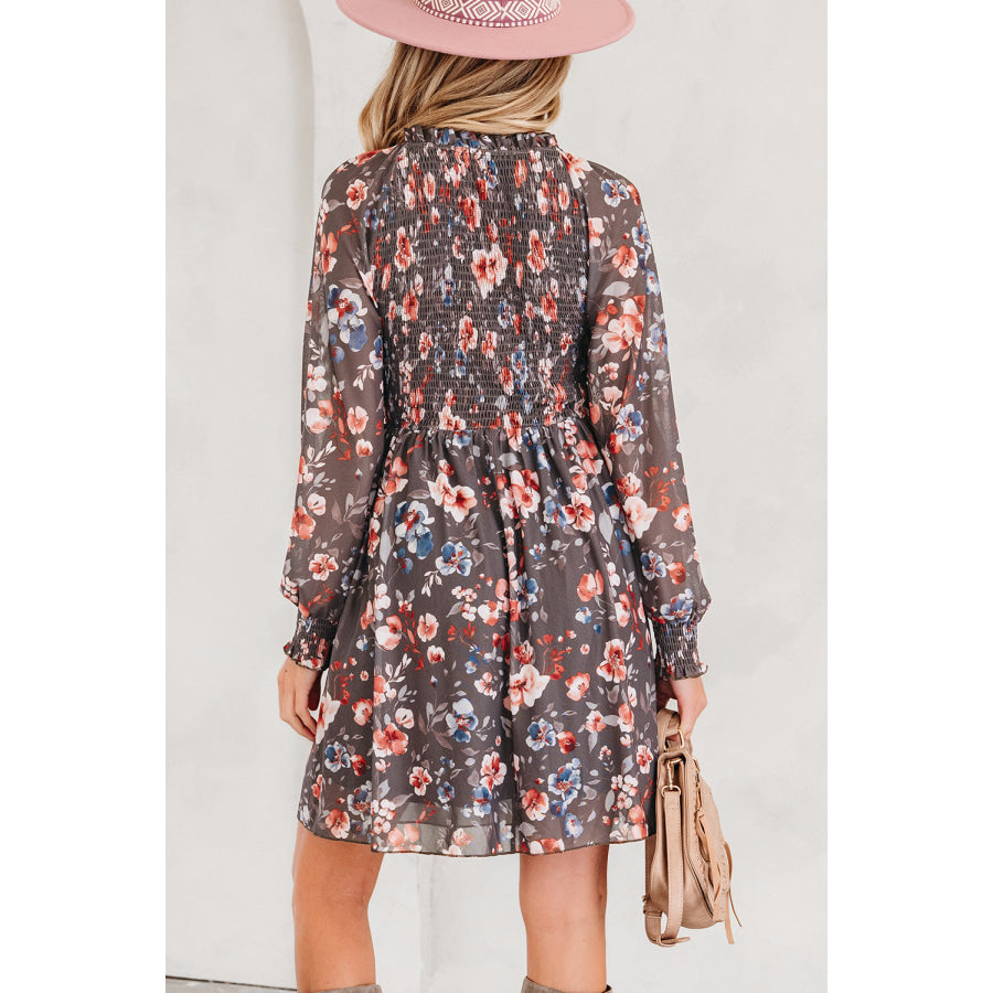 Brown Frilly Smocked Bodice Floral Mesh Long Sleeve Mini Dress Dresses/Floral Dresses