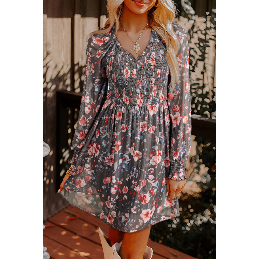 Brown Frilly Smocked Bodice Floral Mesh Long Sleeve Mini Dress Dresses/Floral Dresses
