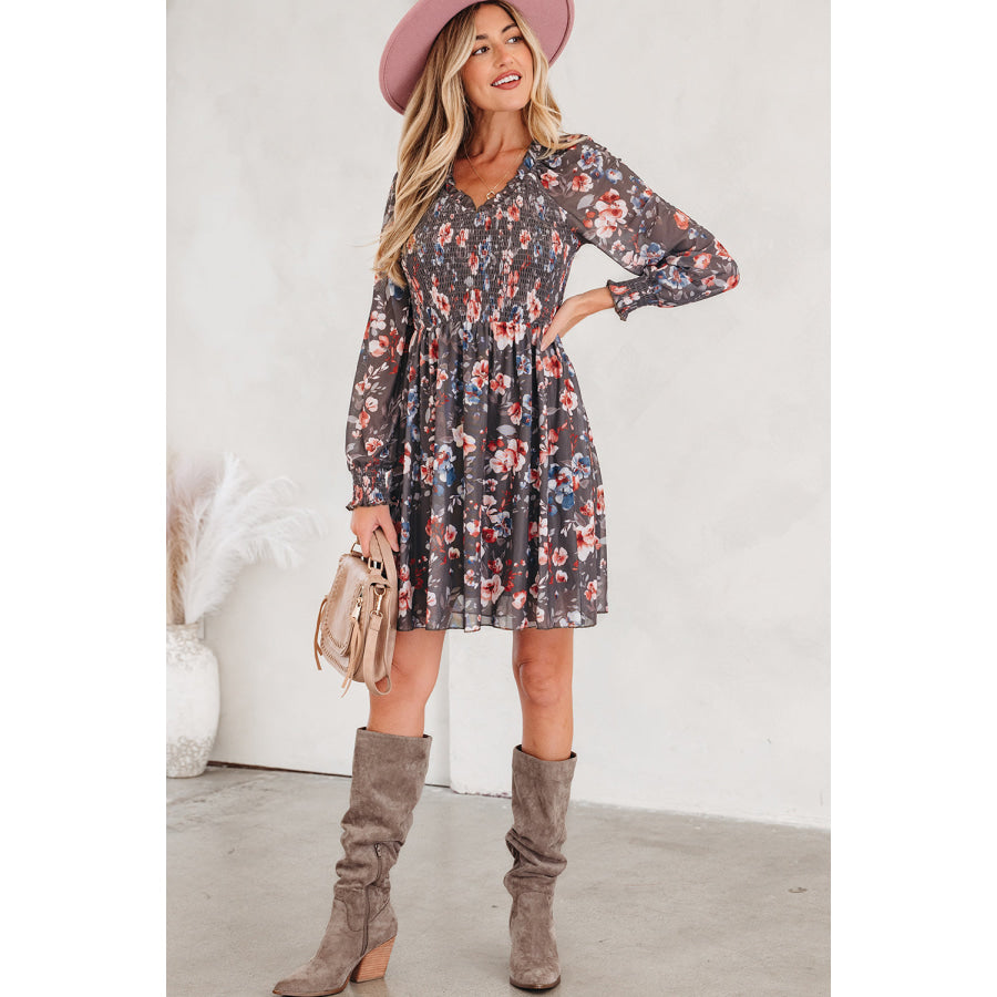 Brown Frilly Smocked Bodice Floral Mesh Long Sleeve Mini Dress Dresses/Floral Dresses
