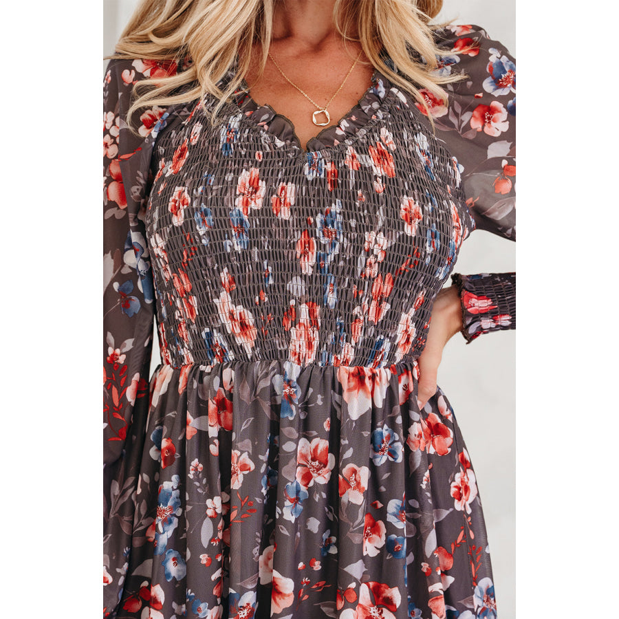 Brown Frilly Smocked Bodice Floral Mesh Long Sleeve Mini Dress Dresses/Floral Dresses