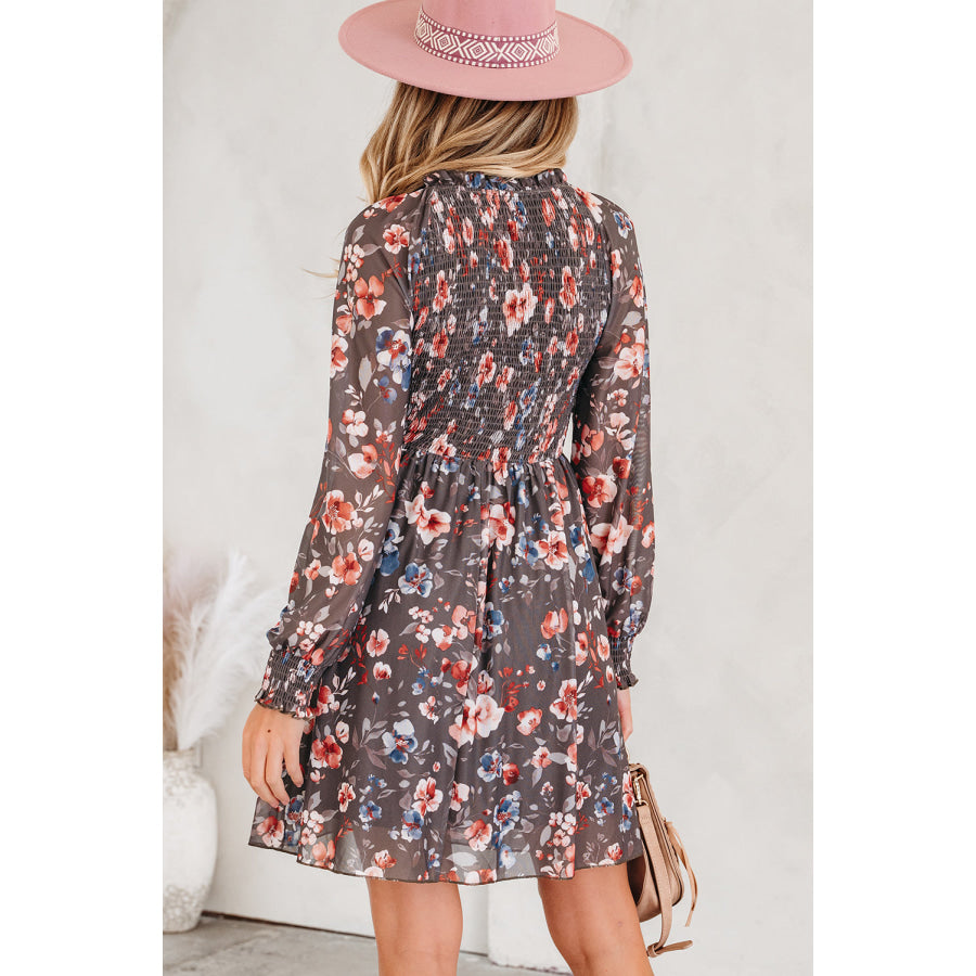 Brown Frilly Smocked Bodice Floral Mesh Long Sleeve Mini Dress Dresses/Floral Dresses