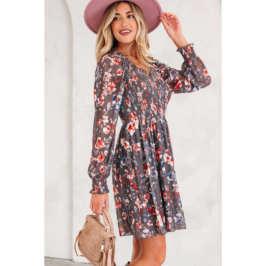 Brown Frilly Smocked Bodice Floral Mesh Long Sleeve Mini Dress Brown / S / 95% Polyester + 5% Elastane Dresses/Floral Dresses