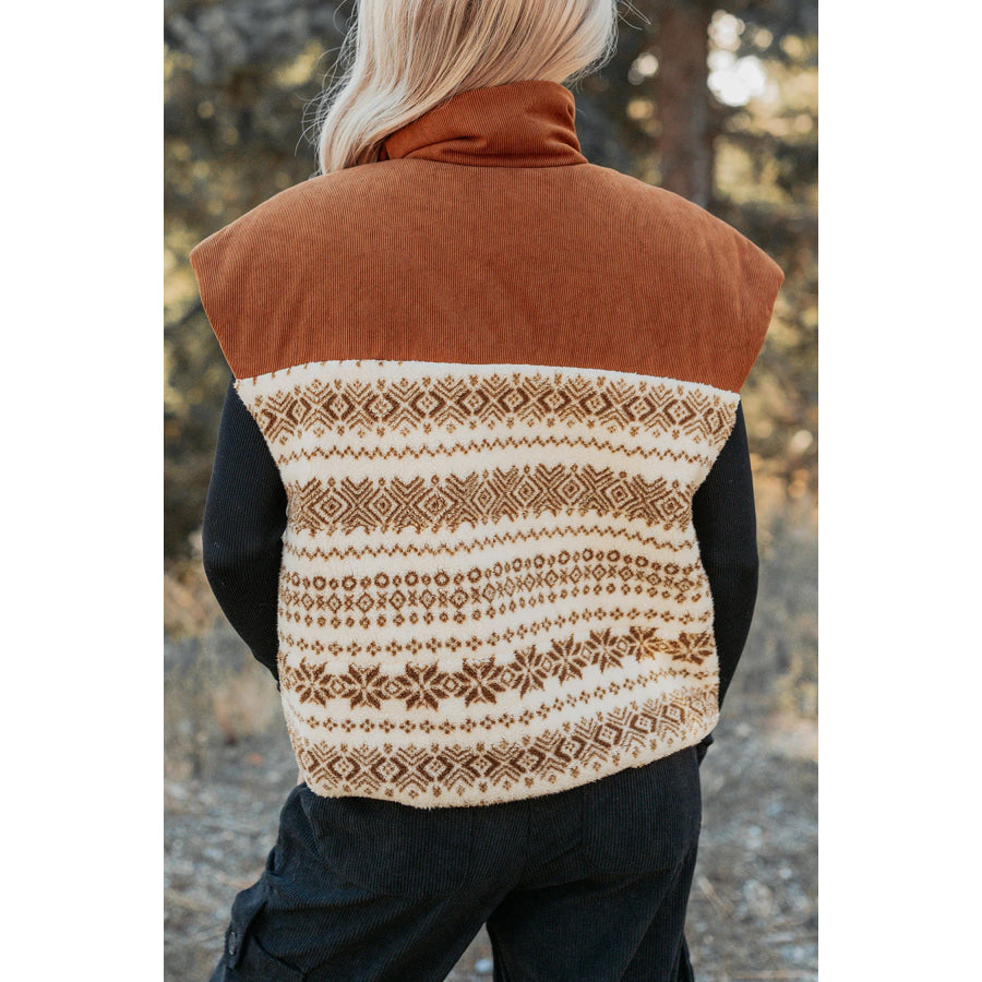 Brown Geometric Print Fleece Metal Zipper Collar Patchwork Design Vest Outerwear/Vests