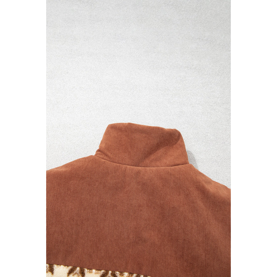 Brown Geometric Print Fleece Metal Zipper Collar Patchwork Design Vest Outerwear/Vests