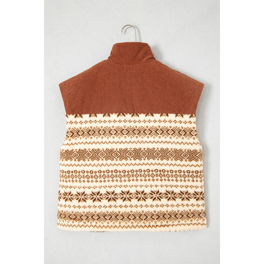 Brown Geometric Print Fleece Metal Zipper Collar Patchwork Design Vest Outerwear/Vests