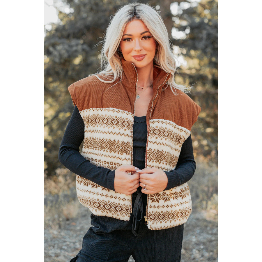 Brown Geometric Print Fleece Metal Zipper Collar Patchwork Design Vest Outerwear/Vests