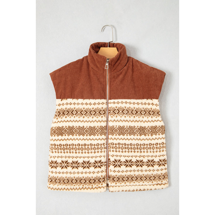 Brown Geometric Print Fleece Metal Zipper Collar Patchwork Design Vest Outerwear/Vests
