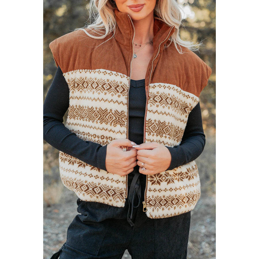 Brown Geometric Print Fleece Metal Zipper Collar Patchwork Design Vest Outerwear/Vests