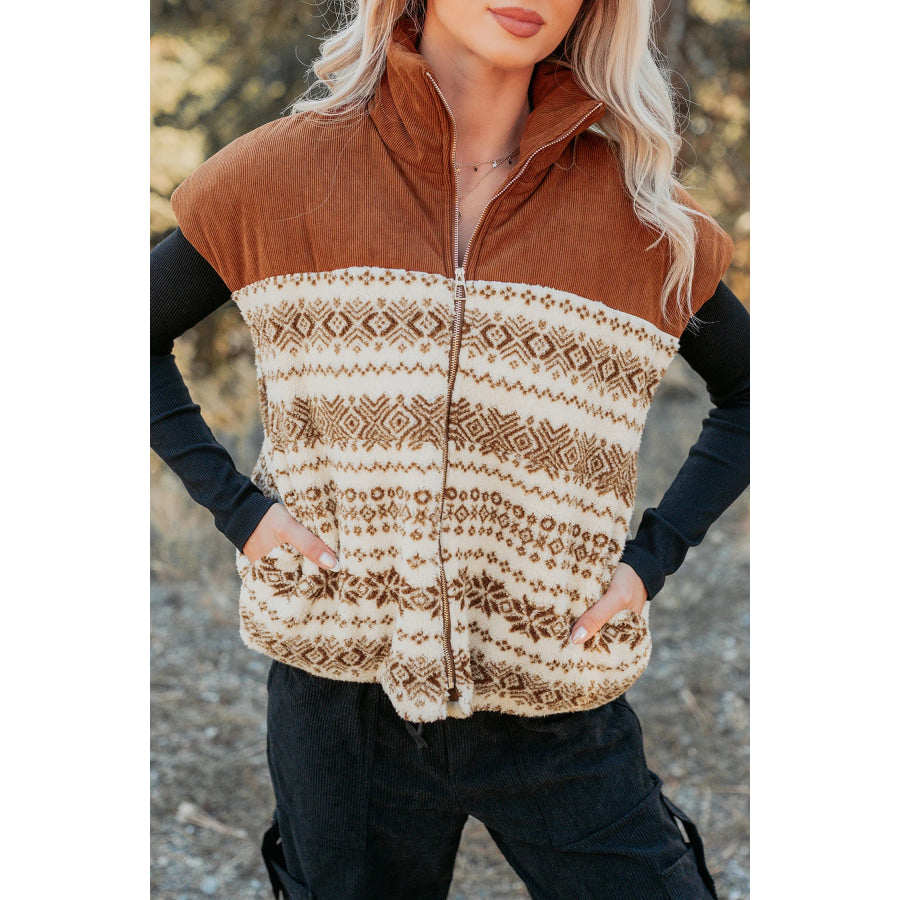 Brown Geometric Print Fleece Metal Zipper Collar Patchwork Design Vest / S / Shell:100% Polyester + Lining:100% Polyester + Filling:100%